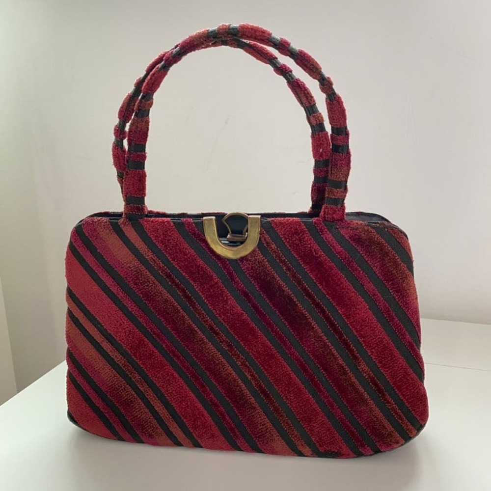 Vintage Lewis Velvet Double Top Handle Evening Bag Red Leather Interior Brass